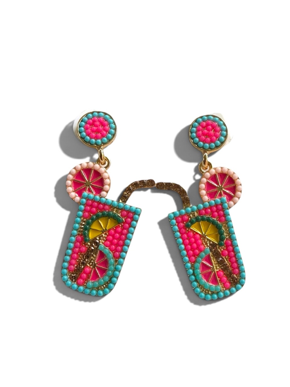 Pink & Turquoise Beaded Cocktail Drop Earrings with Gold Accents